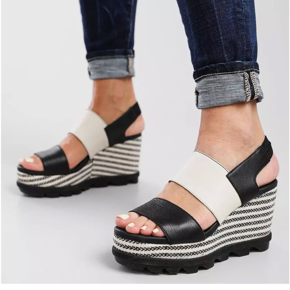 Sorel Joanie II Slingback Leather Sandal Black and White Wedge Sandals
